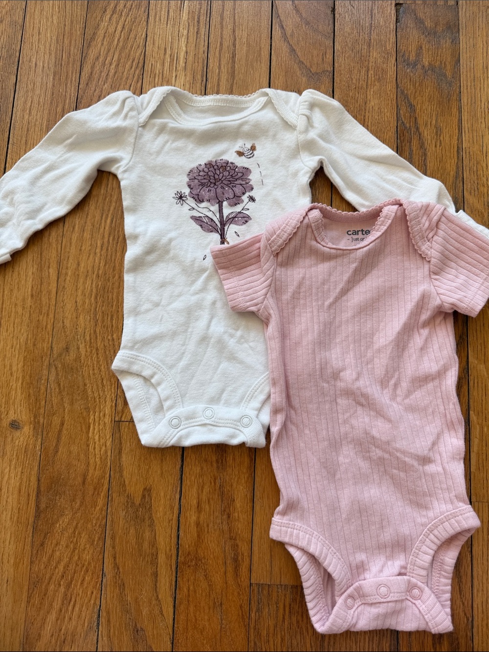 Carter's Pink Ribbed Short-Sleeve & Cream Floral Long-Sleeve Bodysuits